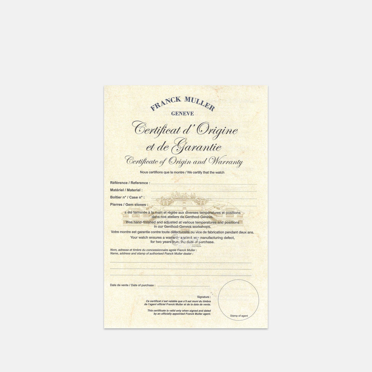 Franck Muller Warranty Paper - Lady Models