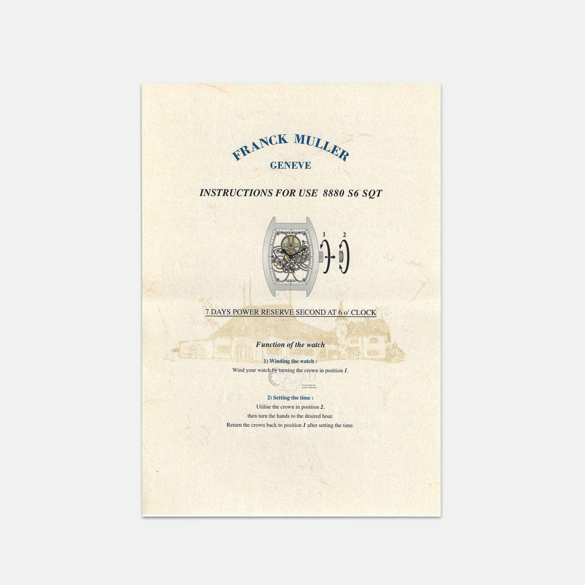 Franck Muller 7 Days Power Reserve Second at 6 o'Clock Booklet (8880 S6 SQT)