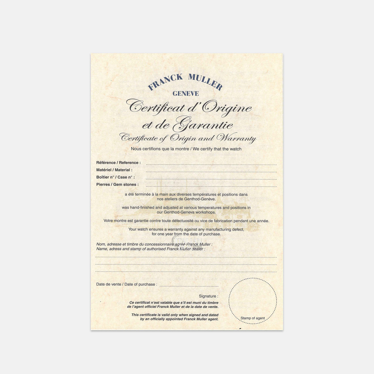 Franck Muller Warranty Paper