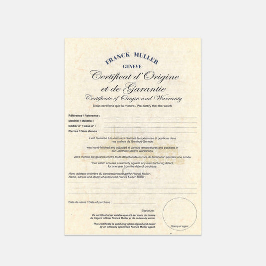 Franck Muller Warranty Paper